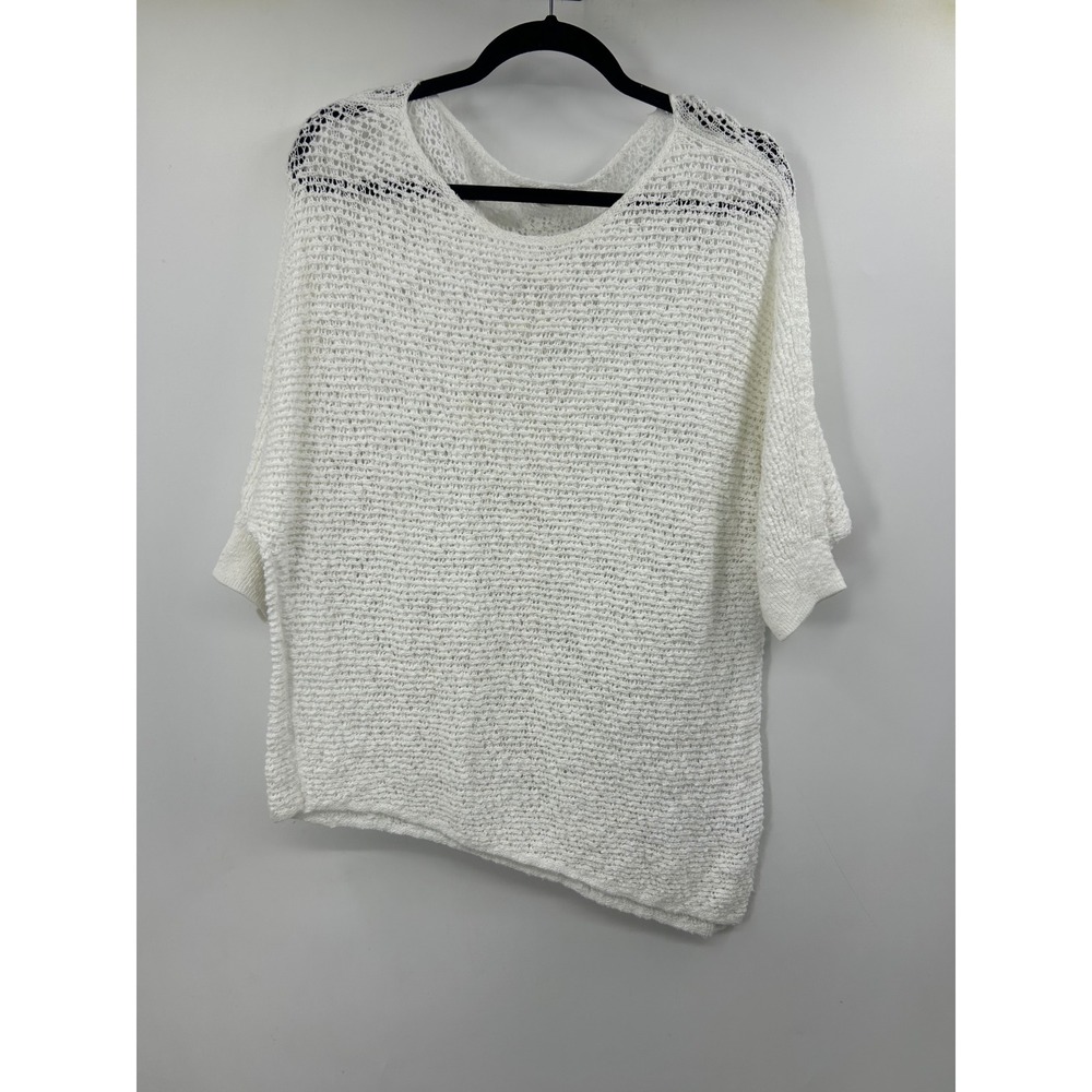Eileen Fisher Organic Cotton Open Knit Asymmetrical Sweater White Large